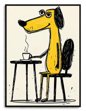 Yellow Dog Drinking Coffee Wall Art - Funny Cartoon Illustrated Canvas Print