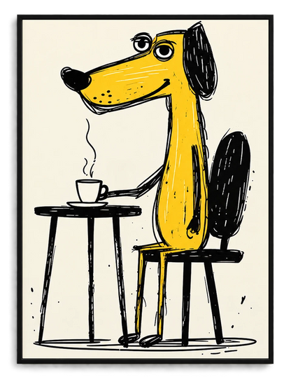 Yellow Dog Drinking Coffee Wall Art - Funny Cartoon Illustrated Canvas Print