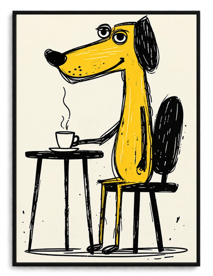 Yellow Dog Drinking Coffee Wall Art - Funny Cartoon Illustrated Canvas Print