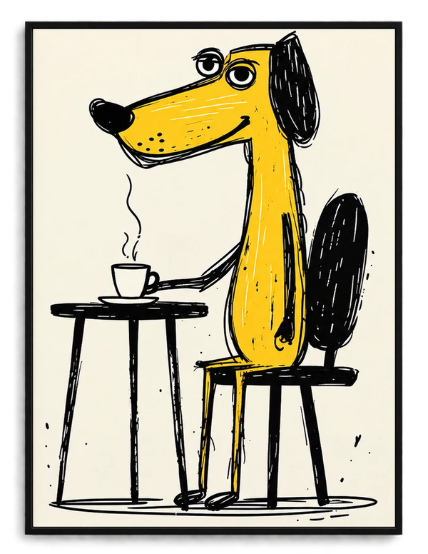 Yellow Dog Drinking Coffee Wall Art - Funny Cartoon Illustrated Canvas Print