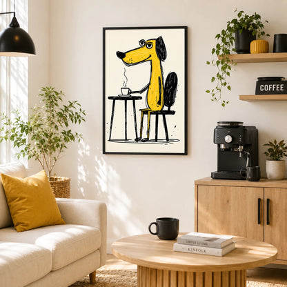 Yellow Dog Drinking Coffee Wall Art - Funny Cartoon Illustrated Canvas Print