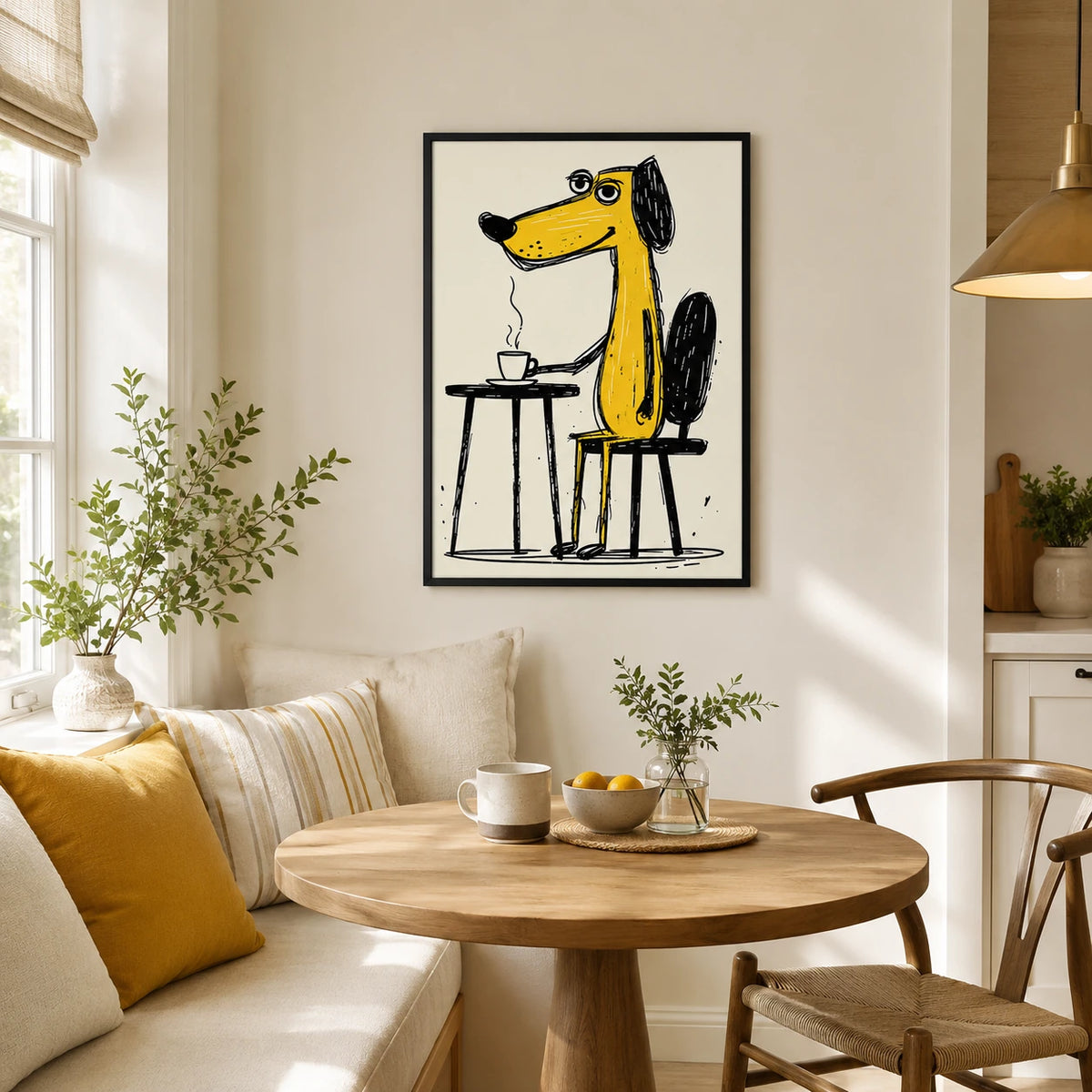 Yellow Dog Drinking Coffee Wall Art - Funny Cartoon Illustrated Canvas Print