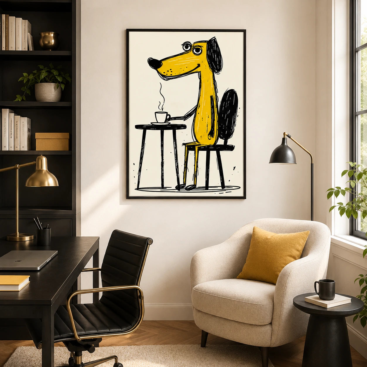 Yellow Dog Drinking Coffee Wall Art - Funny Cartoon Illustrated Canvas Print