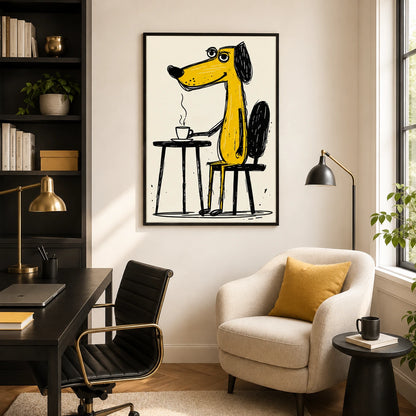 Yellow Dog Drinking Coffee Wall Art - Funny Cartoon Illustrated Canvas Print