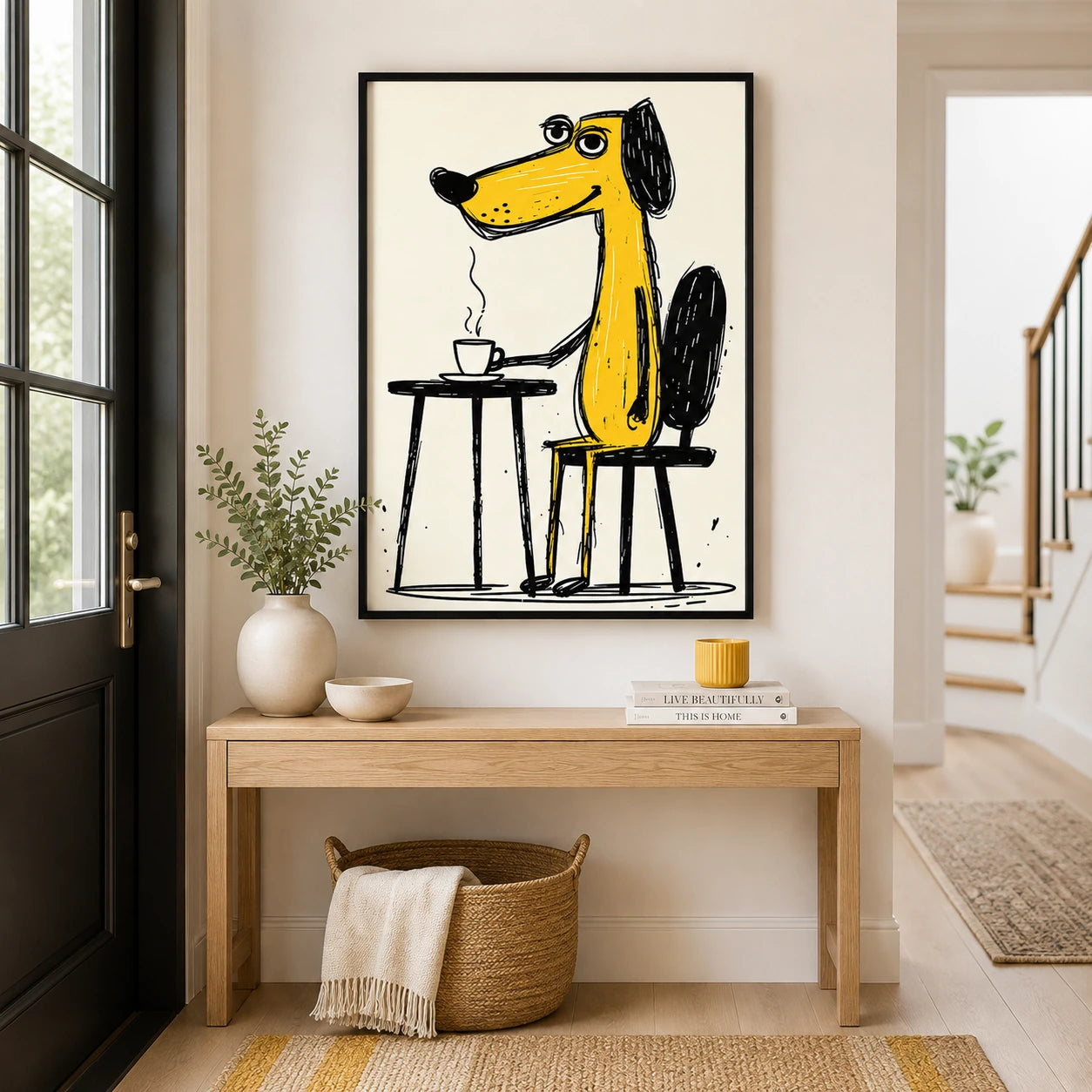 Yellow Dog Drinking Coffee Wall Art - Funny Cartoon Illustrated Canvas Print