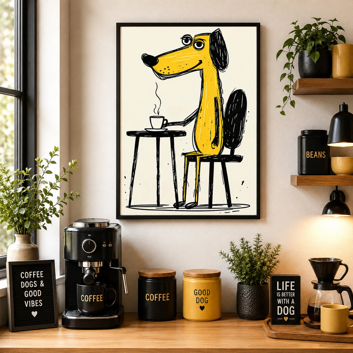 Yellow Dog Drinking Coffee Wall Art - Funny Cartoon Illustrated Canvas Print