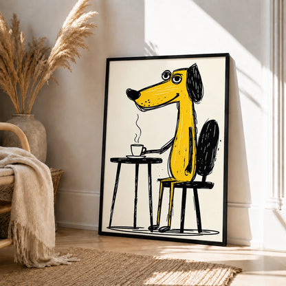 Yellow Dog Drinking Coffee Wall Art - Funny Cartoon Illustrated Canvas Print