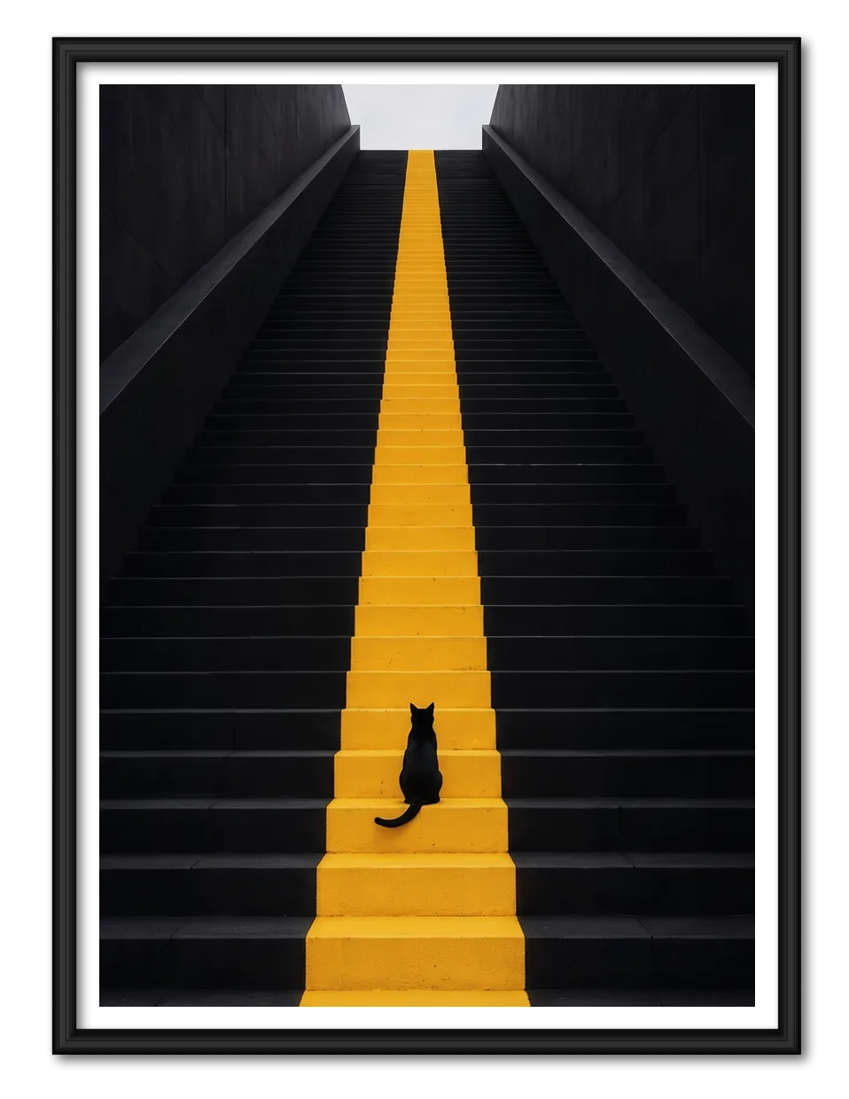 Black Staircase With Yellow Line Cat Minimal Wall Art 1