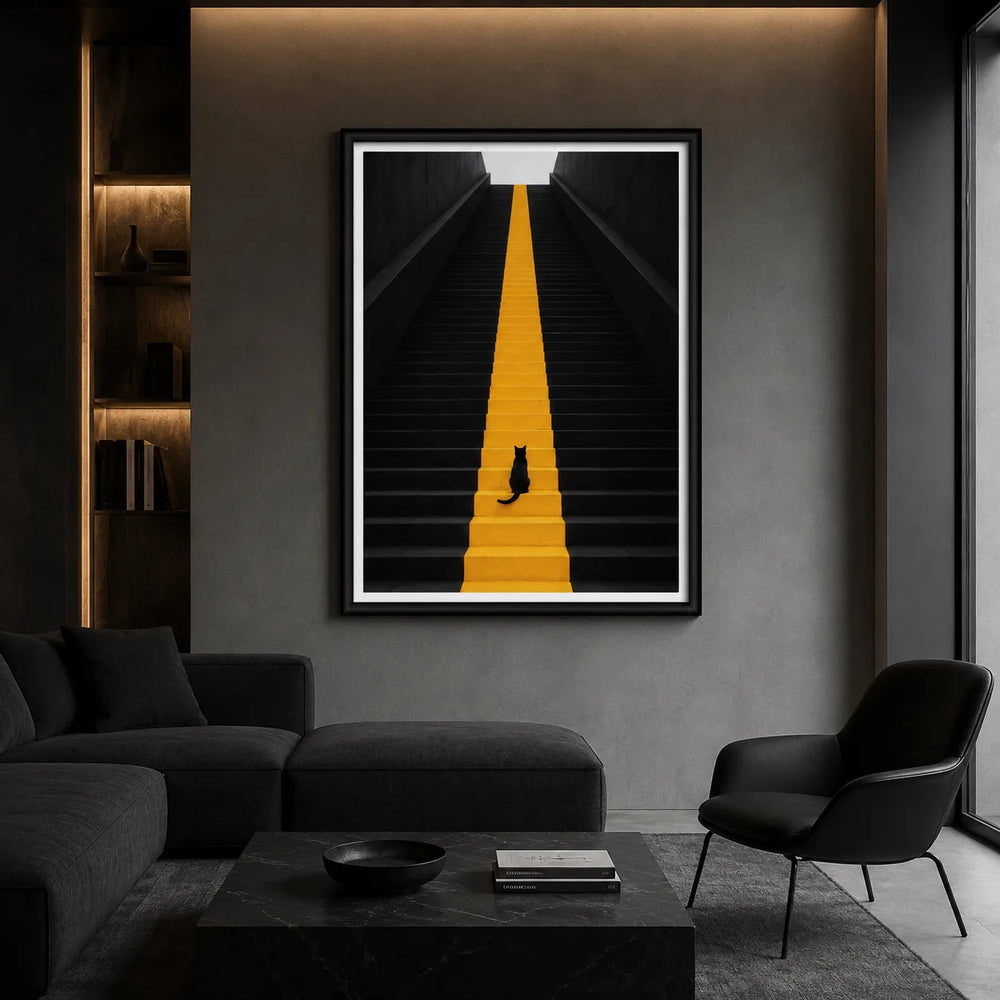 Black Staircase With Yellow Line Cat Minimal Wall Art 2