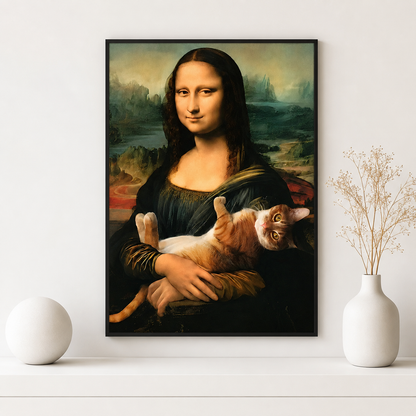 The Mona Lisa with a Cat 鈥?Classic Art Parody Portrait Wall Art on Natural Wood Canvas | W131