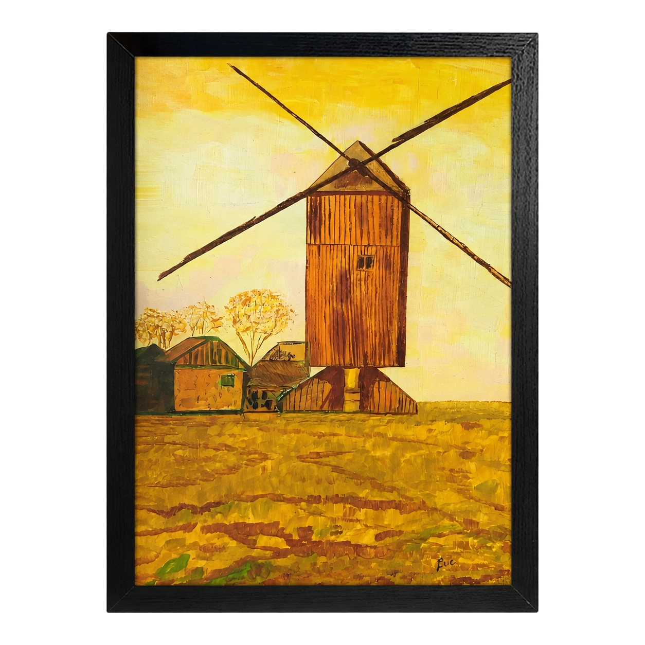 The Golden Windmill Field Warm Rural Landscape Wall Art on Natural Wood Canvas | W370