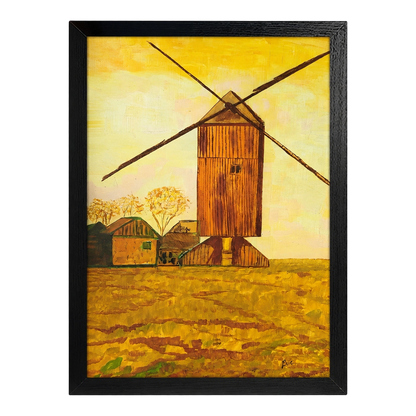 The Golden Windmill Field Warm Rural Landscape Wall Art on Natural Wood Canvas | W370
