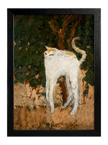 The Woodland White Cat 鈥?Serene Vintage Animal Wall Art on Natural Wood Canvas | W025