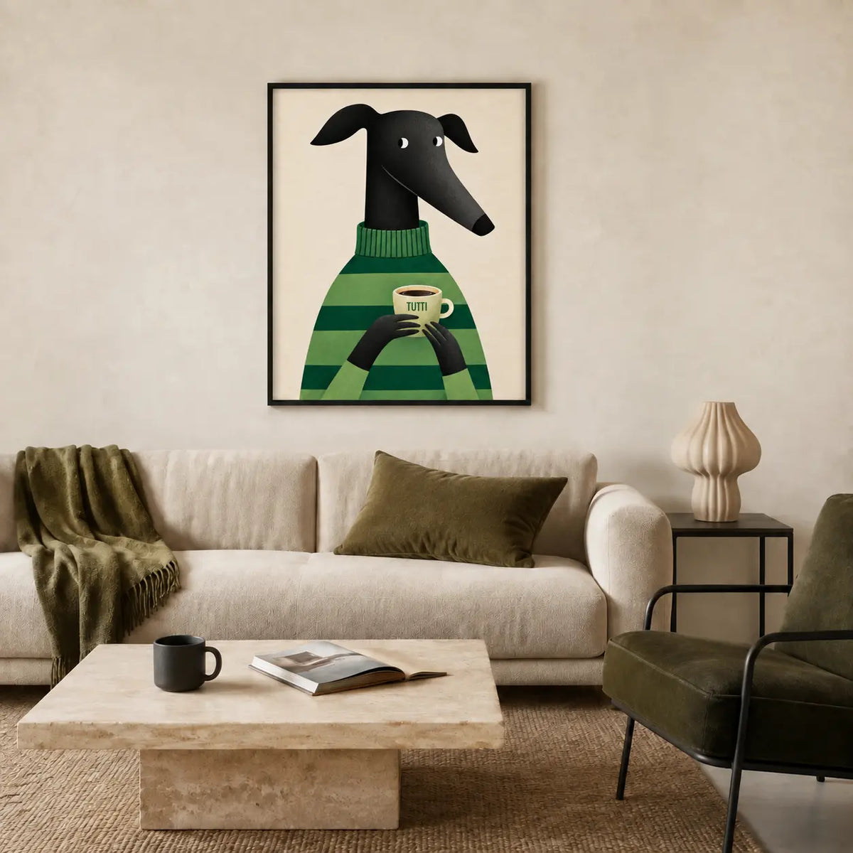 Greyhound with Coffee Wall Art - Cozy Green Sweater Print