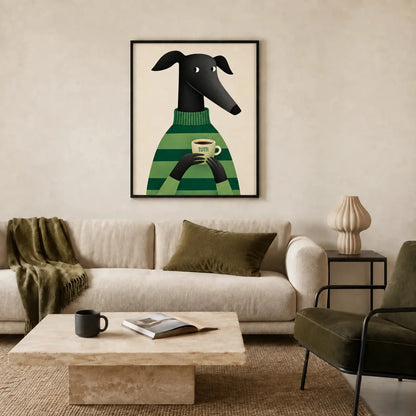 Greyhound with Coffee Wall Art - Cozy Green Sweater Print