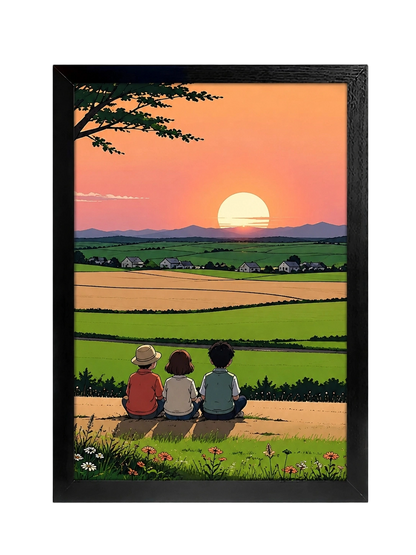The Golden Field Rest 鈥?Cozy Rural Sunset Scene Wall Art on Natural Wood Canvas | W007