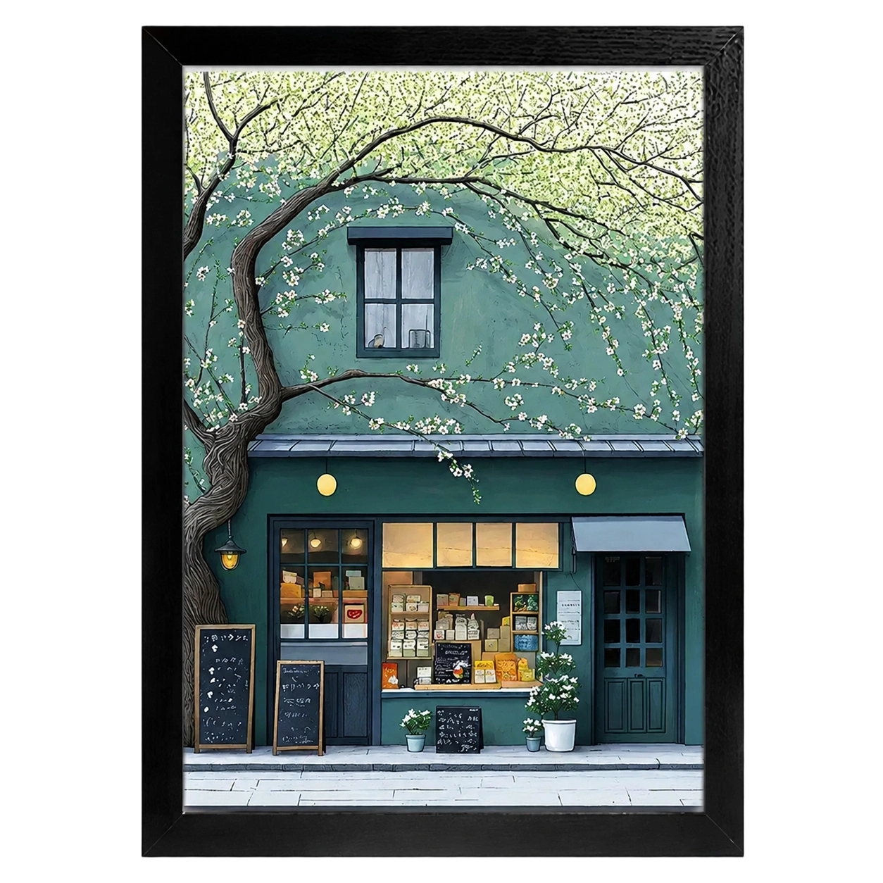 The Tree-Lined Little Shop 鈥?Charming Boutique Street Scene Wall Art on Natural Wood Canvas | W069