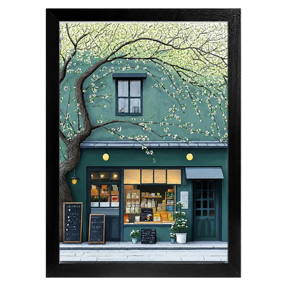 The Tree-Lined Little Shop 鈥?Charming Boutique Street Scene Wall Art on Natural Wood Canvas | W069