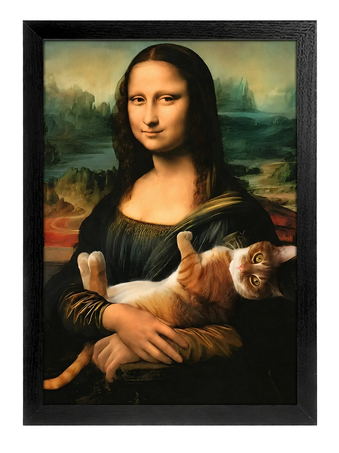 The Mona Lisa with a Cat 鈥?Classic Art Parody Portrait Wall Art on Natural Wood Canvas | W131