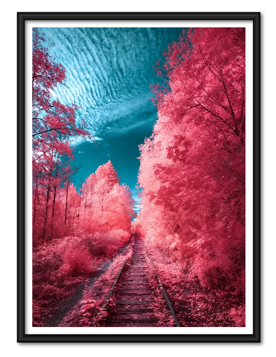 Pink Forest Railway Beneath a Turquoise Sky Wall Art 1