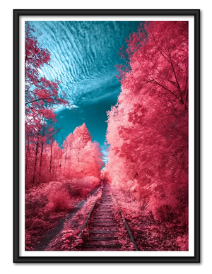 Pink Forest Railway Beneath a Turquoise Sky Wall Art