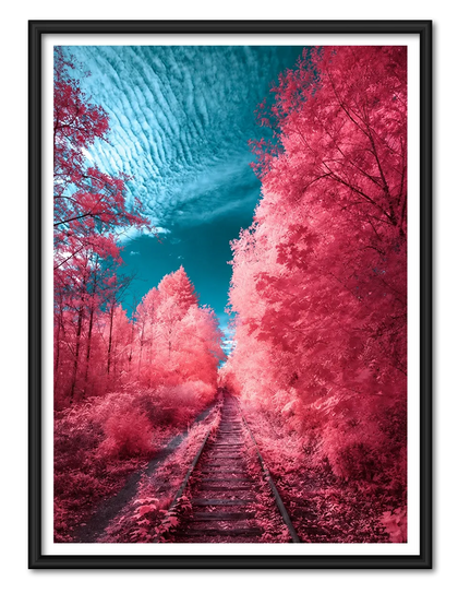 Pink Forest Railway Beneath a Turquoise Sky Wall Art