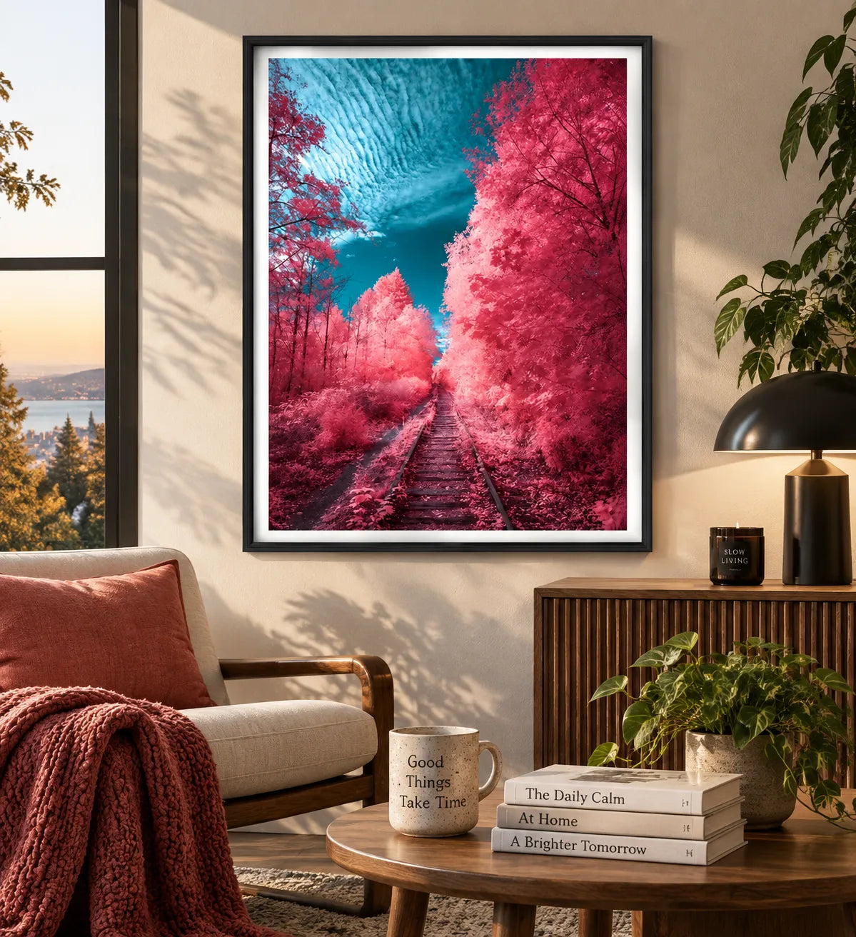 Pink Forest Railway Beneath a Turquoise Sky Wall Art 2