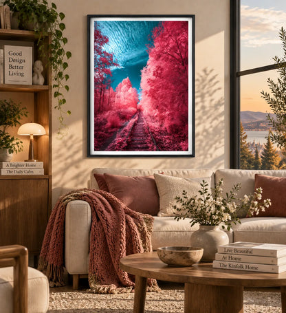 Pink Forest Railway Beneath a Turquoise Sky Wall Art 4