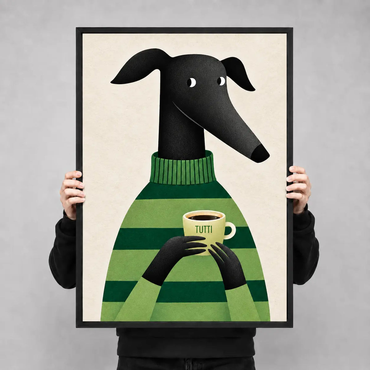 Greyhound with Coffee Wall Art - Cozy Green Sweater Print