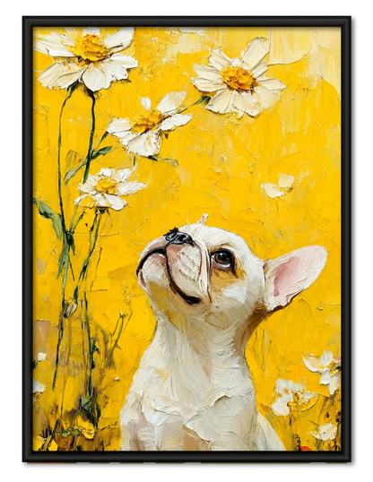 White French Bulldog in Golden Daisy Light Wall Art 1