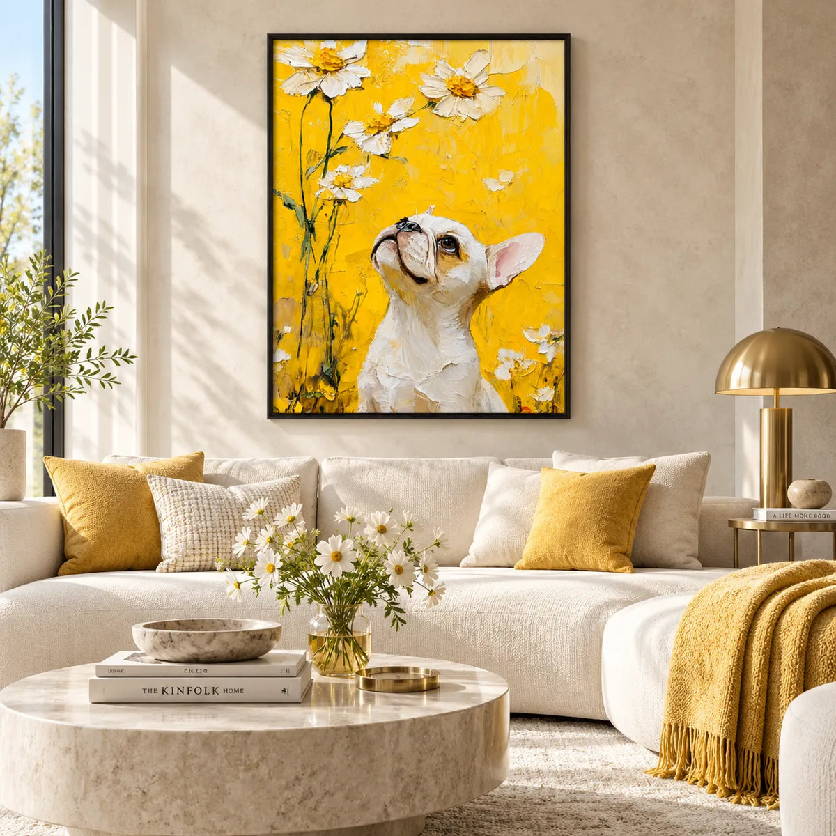 White French Bulldog in Golden Daisy Light Wall Art 2