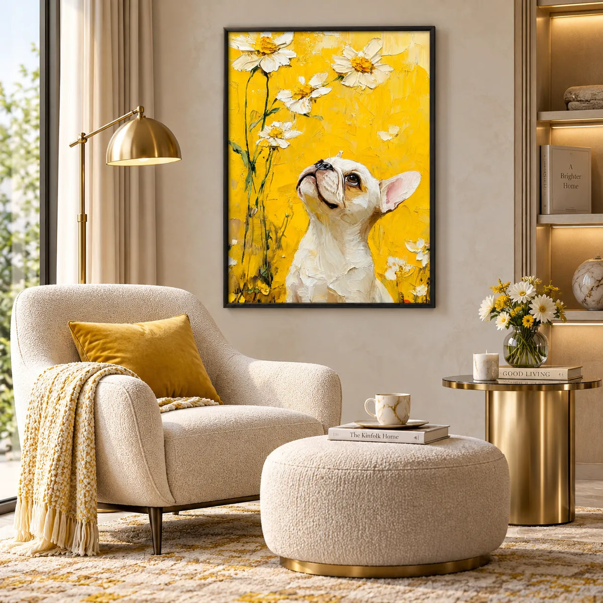 White French Bulldog in Golden Daisy Light Wall Art 3