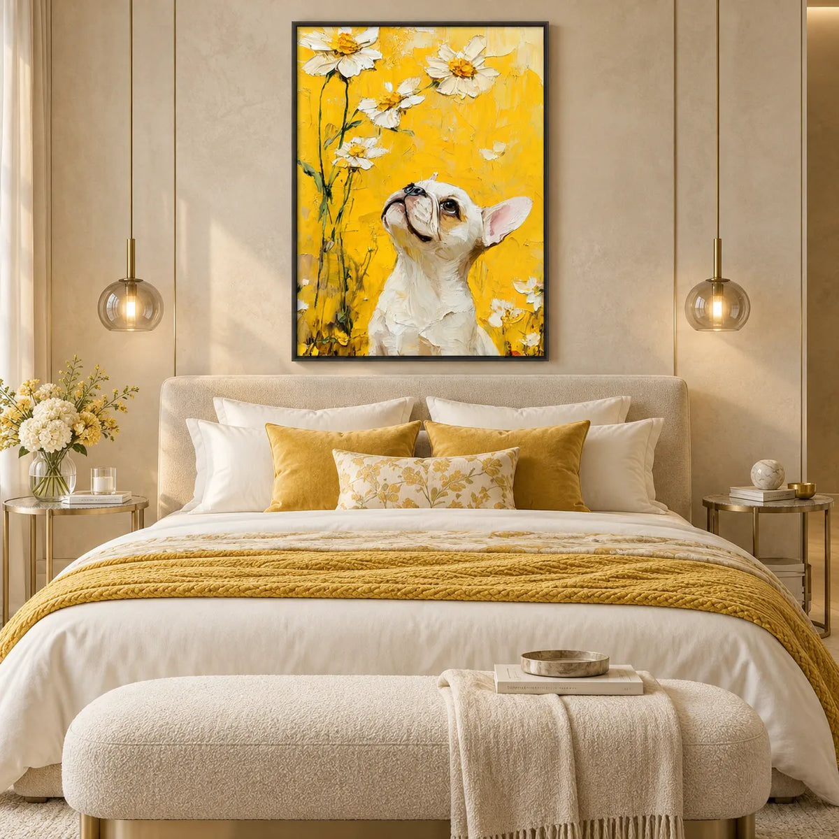 White French Bulldog in Golden Daisy Light Wall Art 4