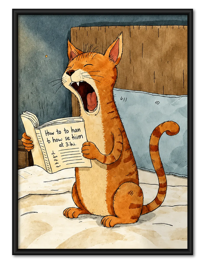 Sleepy Orange Cat Reading Through the Night Wall Art 1