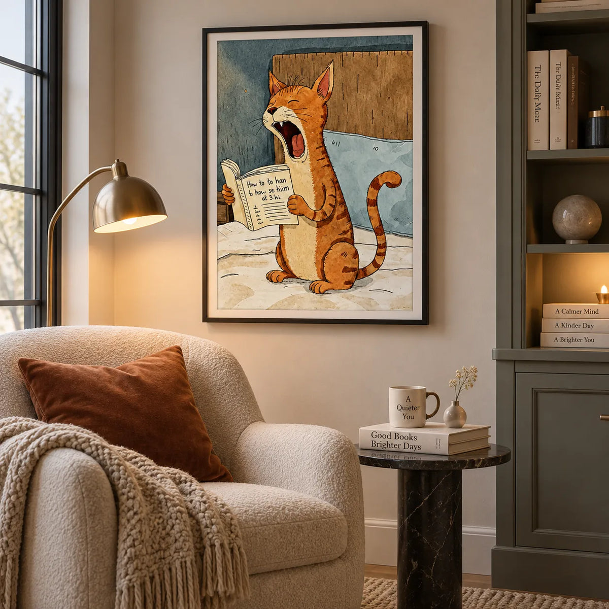 Sleepy Orange Cat Reading Through the Night Wall Art 2