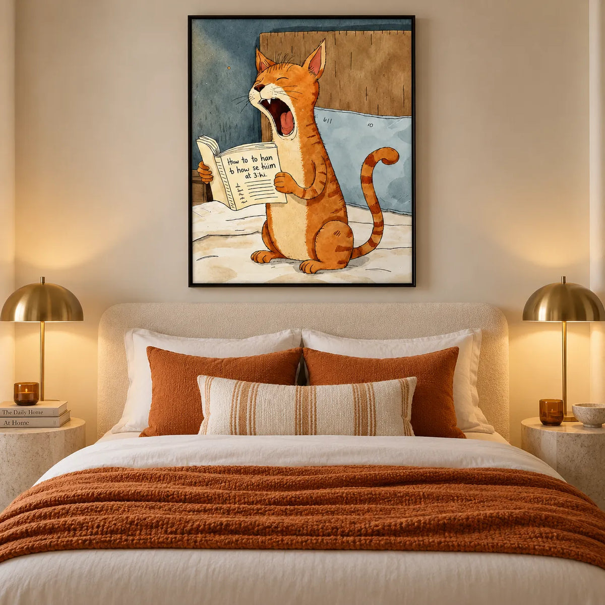 Sleepy Orange Cat Reading Through the Night Wall Art 3