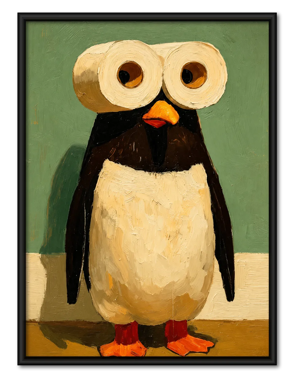 Wide-Eyed Penguin in a Quiet Green Room Wall Art 1