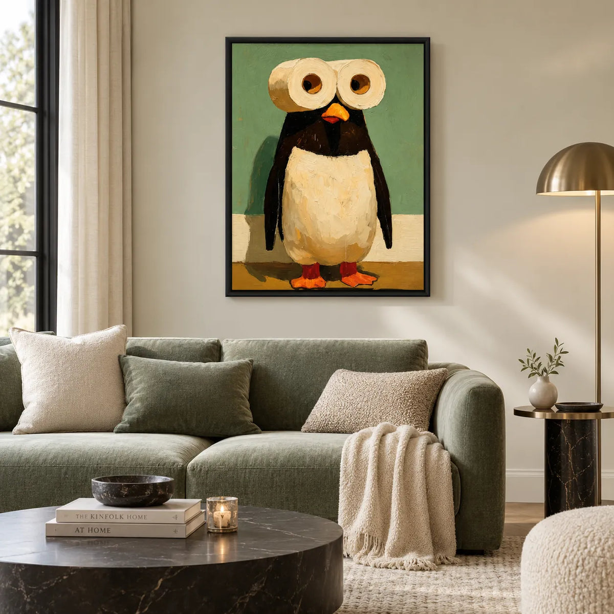 Wide-Eyed Penguin in a Quiet Green Room Wall Art 2