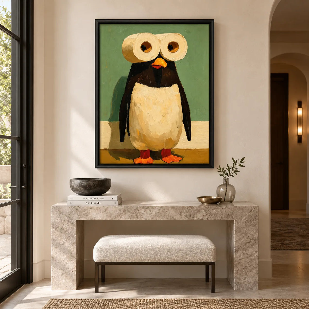 Wide-Eyed Penguin in a Quiet Green Room Wall Art 4
