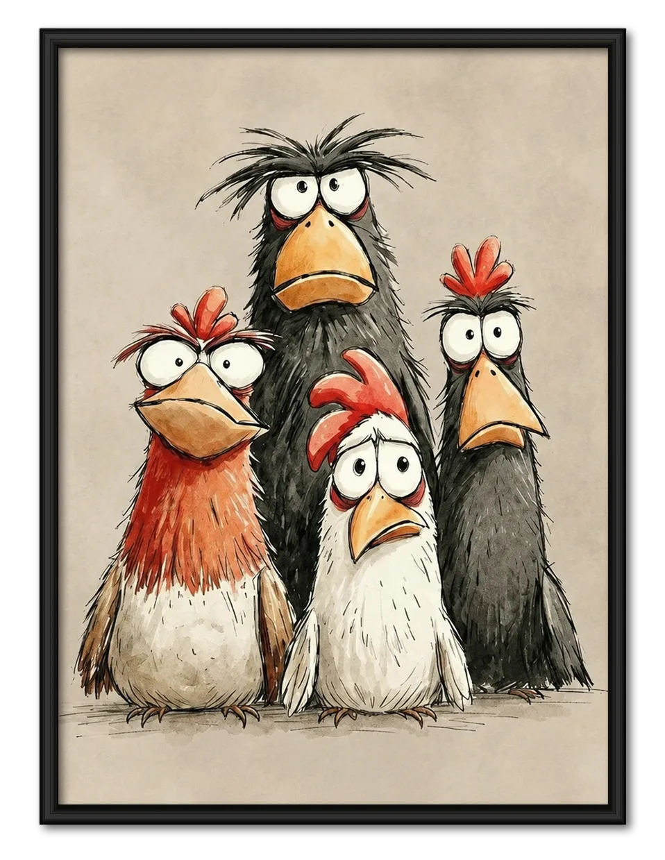 Four Moody Chickens Sharing One Awkward Moment Wall Art 1