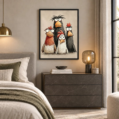 Four Moody Chickens Sharing One Awkward Moment Wall Art 3
