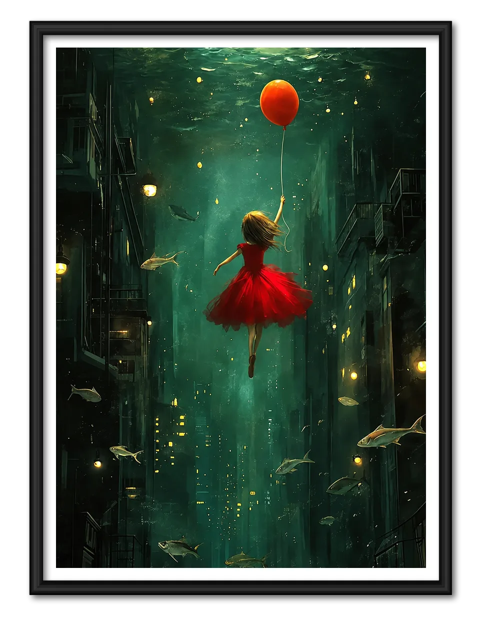 Girl Floating Through an Underwater City Wall Art 1