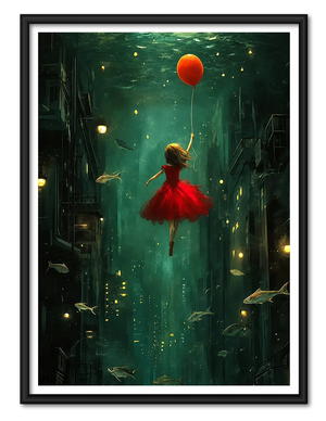 Girl Floating Through an Underwater City Wall Art