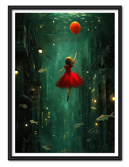 Girl Floating Through an Underwater City Wall Art