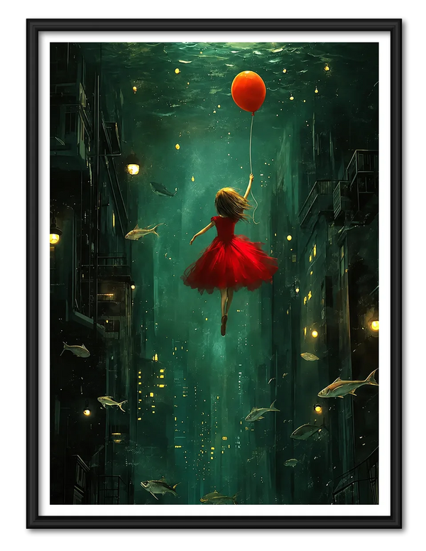 Girl Floating Through an Underwater City Wall Art