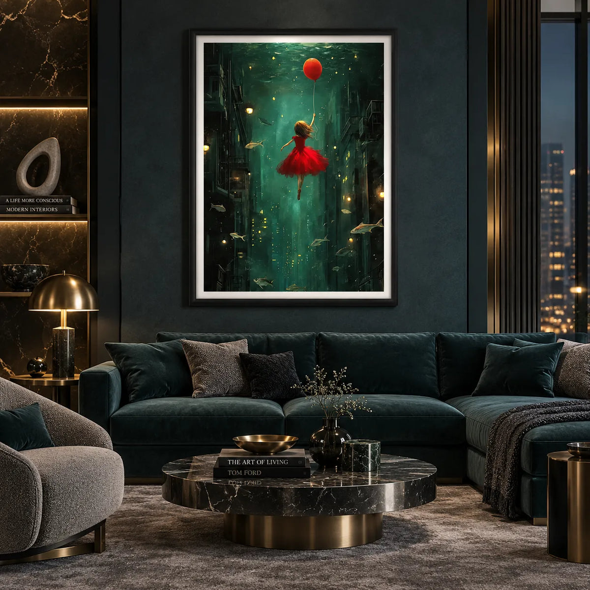 Girl Floating Through an Underwater City Wall Art 2