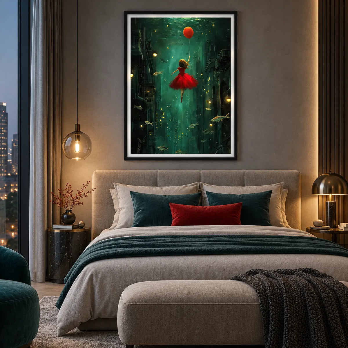 Girl Floating Through an Underwater City Wall Art 3