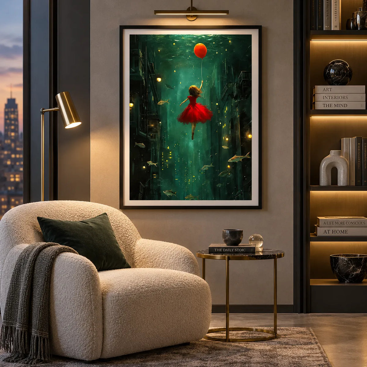 Girl Floating Through an Underwater City Wall Art 4
