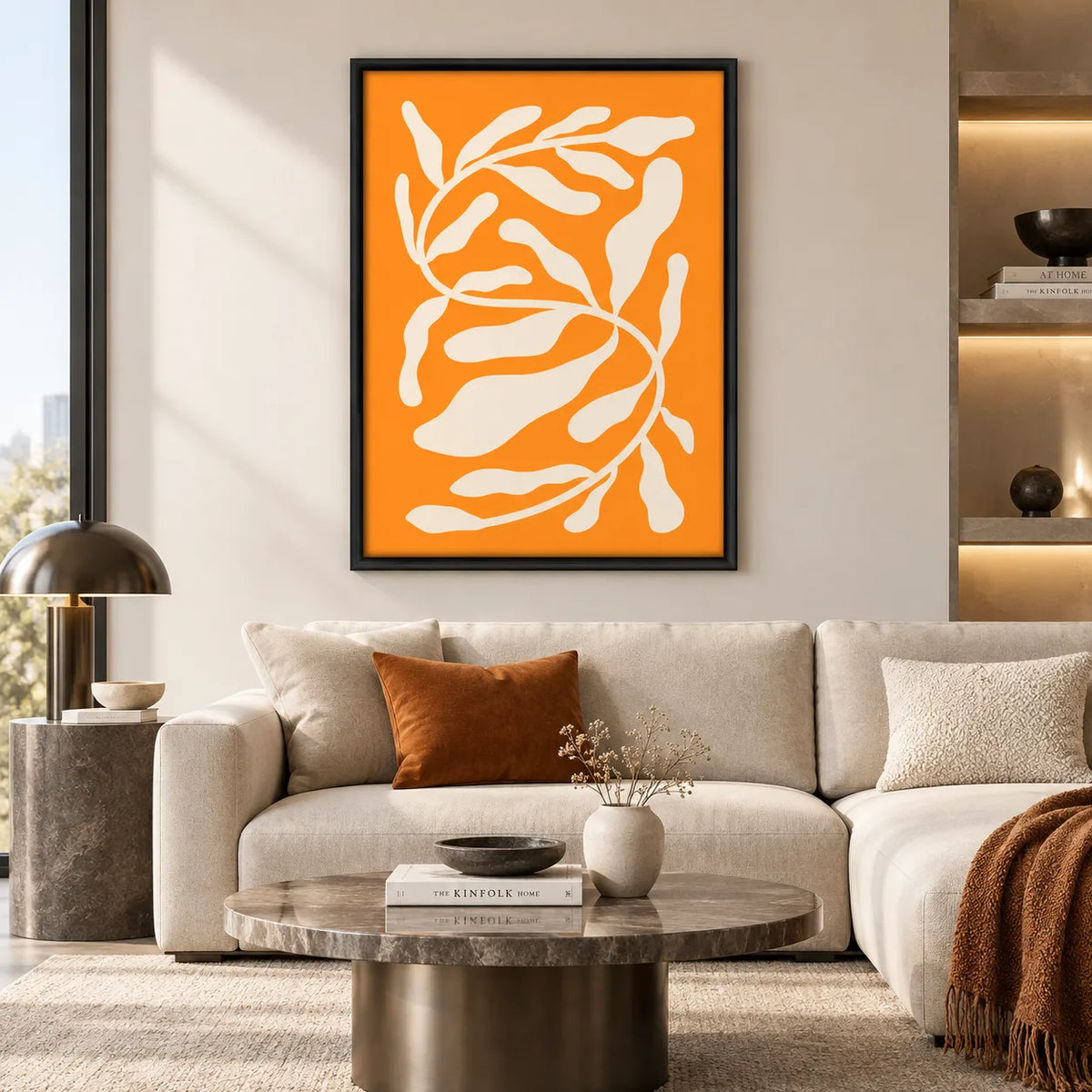 Abstract White Branches on Orange Wall Art 2