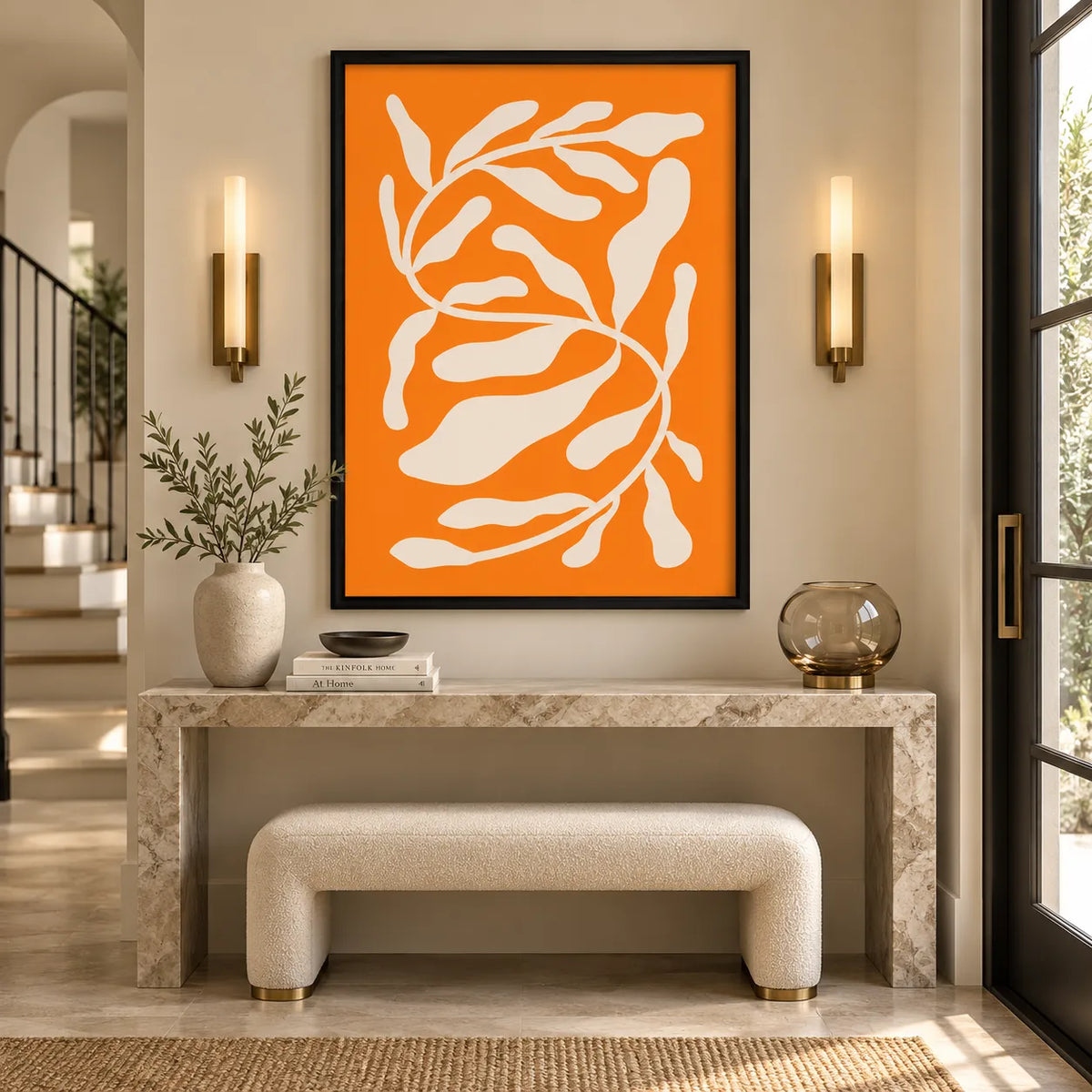 Abstract White Branches on Orange Wall Art 4